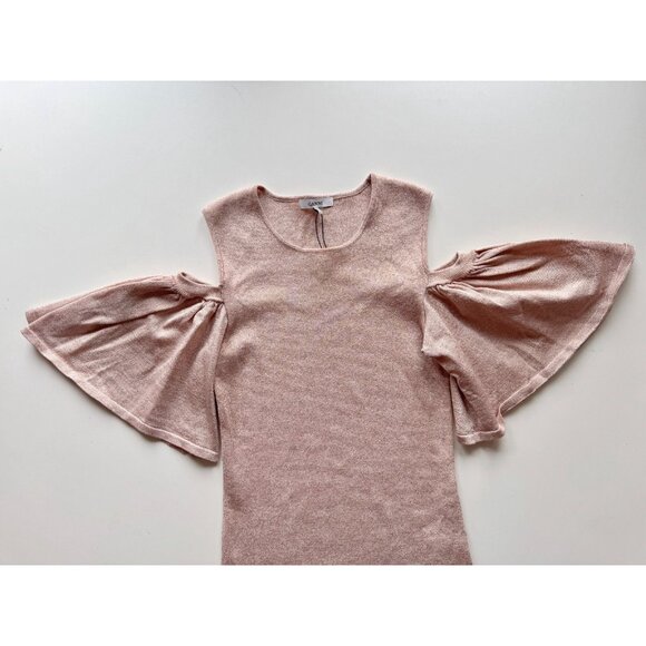 NWOT GANNI Romilly Pink Rose Metallic Knit Ruffle Cold Shoulder Blouse, Size M - Picture 6 of 12